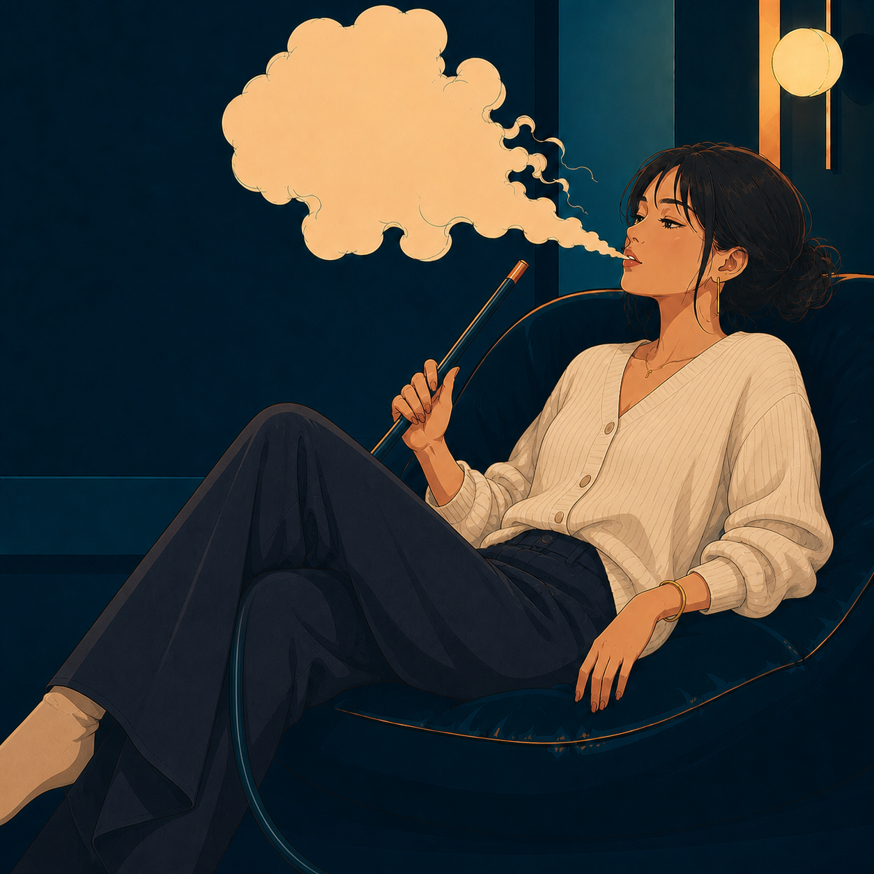シーシャラウンジでくつろぐ女性のイラスト